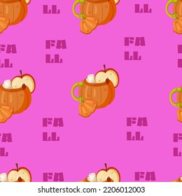 Autumn hand drawn seamless pattern with seasonal elements on pink background. Great for fabric, wallpaper, textile, packaging. Vector illustration.