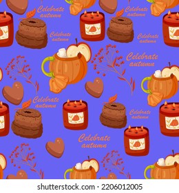 Autumn hand drawn seamless pattern with seasonal elements on blue background. Great for fabric, wallpaper, textile, packaging. Vector illustration.