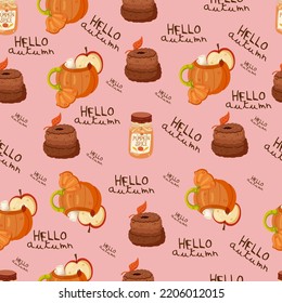 Patrón sin fisuras dibujado a mano en otoño con elementos estacionales sobre fondo rosa. Ideal para tejidos, papel pintado, textiles, envasado. Ilustración vectorial.
