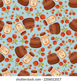 Autumn hand drawn seamless pattern with seasonal elements on blue background. Great for fabric, wallpaper, textile, packaging. Vector illustration.