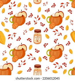 Autumn hand drawn seamless pattern with seasonal elements on white background. Great for fabric, wallpaper, textile, packaging. Vector illustration.