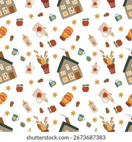 Autumn hand drawn seamless pattern. Fall leaves, house, apple, and seasonal elements  Harvest time. Thanksgiving day. Vector illustration.