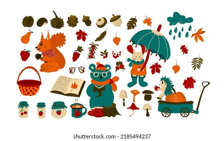 Autumn hand drawn set of animal, leaves, mushrooms, berries, book, jam. Doodle collection of childish bear, mouse, squirrel, hedgehog on pumpkin in trolley.