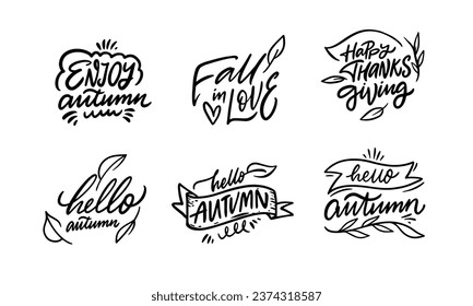 Autumn hand drawn set collection phrases. Black color sign text. Vector clipart isolated on white background.
