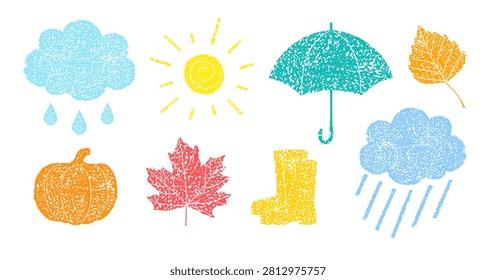Autumn hand drawn set with foliage, clouds and sun. Crayon illustration of autumn nature with icons of fallen leaves, sun, rainy clouds, umbrella and pumpkin, vector illustration