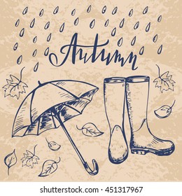 Autumn hand drawn set: umbrella, rain boots, rain and leaves