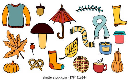 Autumn hand drawn set of vector leaves, scarfs, socks and other elements