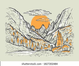 Autumn Hand Drawn Sketch Illustration With A Canyon, Trees And Yellow Sun. Nature Vintage Vector Landscape With Mountains.  High Mountain Ranges With Forest. Romantic Design For Print, Postcard