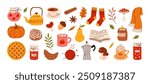 Autumn hand drawn sticker set. Cozy hygge fall icons. Scarf, candle, hot chocolate, socks, pie, pumpkin spice latte, mug, jam, leaves, mushroom. Cute autumn doodle. Vector flat illustration.