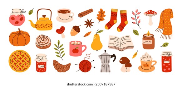 Autumn hand drawn sticker set. Cozy hygge fall icons. Scarf, candle, hot chocolate, socks, pie, pumpkin spice latte, mug, jam, leaves, mushroom. Cute autumn doodle. Vector flat illustration.