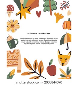 Autumn hand drawn template. Fall season cozy frame. Invitation, autumn holiday poster, article scandinavian style. Fall collection isolated on white.