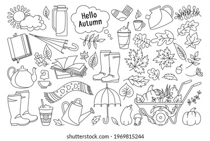 Autumn hand drawn trendy cartoon doodle, set. Rural black line rustic fall leave, book coffee, umbrella, cup drink sticker icons collection. Kettle, sock pumpkin autumn clip art web card vector poster