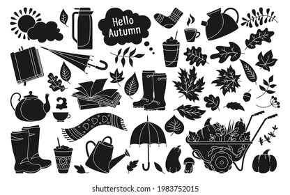 Autumn Hand Drawn Trendy Cartoon Black Glyph Set. Rural Black Line Rustic Fall Leave, Book Coffee, Umbrella, Cup Drink Sticker Icon Collection. Kettle, Sock Pumpkin Autumn Clip Art Silhouette Vector