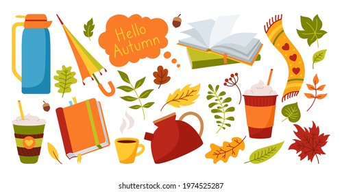 Autumn Hand Drawn Trendy Cozy Cartoon Set. Colorful Flat Fall Leave, Umbrella, Teapot Cup, Drink Book, Doodle Sticker Icon Collection. Scrapbook Collection Of Fall Season Element.Autumn Vector Card