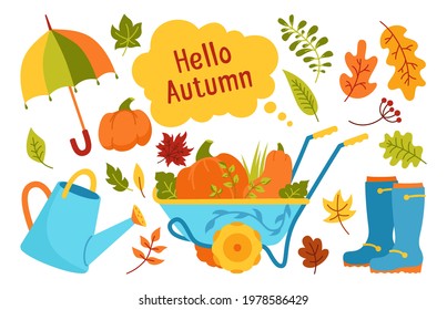 Autumn hand drawn trendy garden object cartoon tools set. Rural flat fall leave, umbrella, pumpkin, rustic watering can, cart boot rubber, doodle collection. Autumn vibes clip art vector card.