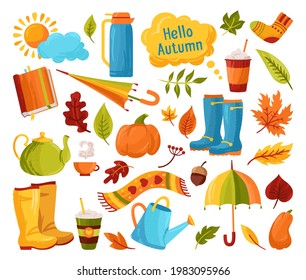 Autumn hand drawn trendy grungy texture cartoon set. Rural fall leave, book coffee, umbrella, doodle cup sticker collection ink brush strokes. Kettle, pumpkin autumn dirty brushes clip art card vector