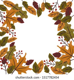 Autumn hand drawn vector background. Fall decorative round frame with leaves and place for text. Orange and red forest leafage and berries in flat style.