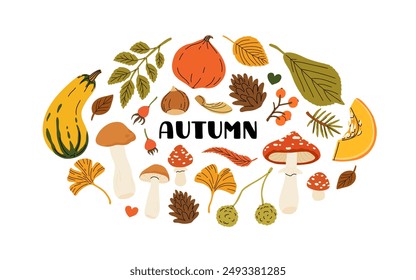 Autumn hand drawn vector background with leaves, mushrooms, berries, seeds, acorn. Autumn gifts decorative tag, sticker, card. Fall designed frame.