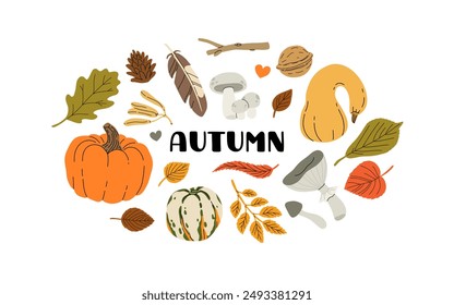 Autumn hand drawn vector background with leaves, mushrooms, berries, seeds, acorn. Autumn gifts decorative tag, sticker, card. Fall designed frame.