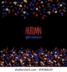Autumn hand drawn vector background and border. Colorful clip art, isolated on black. Bright design element for postcard, greeting card, banner, print advertising. White flowers, red and violet leaves