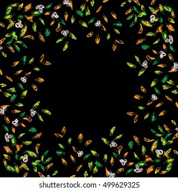 Autumn hand drawn vector background and frame. Colorful clip art, isolated on black. Bright design element for postcard, greeting card, banner, print advertising. White flowers, red and green leaves