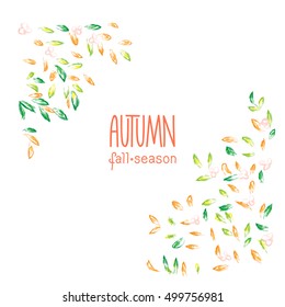 Autumn hand drawn vector background. Colorful leaves clip art, isolated on white. Bright design element for postcard, greeting card, banner or print advertising