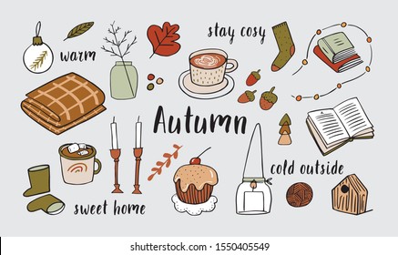 Autumn hand drawn vector illustration collection. Fall season cozy elements. Decorative design elements isolated on white. Candle, blanket, coffee, sock, cupcake, marshmallow, rain boot. - Vector