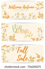 Autumn hand drawn vector illustration. Bright colorful elements on light background can be used for invitation, card, banner template, flyer, sale, website, cover. Art concept.