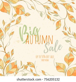 Autumn hand drawn vector illustration. Bright colorful elements on light background can be used for invitation, card, banner template, flyer, sale, website, cover. Art concept.