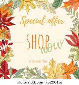 Autumn hand drawn vector illustration. Bright colorful elements on light background can be used for invitation, card, banner template, flyer, sale, website, cover. Art concept.