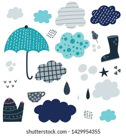 Autumn hand drawn vector illustrations of  clouds, rain, boots, tea pot and cup.