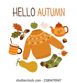 Herbsthandgezeichnete Vektorgrafiken. Cute und gemütliche Design-Elemente und die Inschrift "Hallo Herbst" einzeln auf weißem Hintergrund. 
