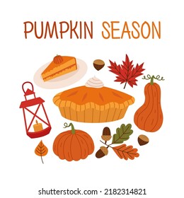Autumn hand drawn vector illustrations. Pumpkins, pumpkin pie, leaves, acorns and the inscription "pumpkin season" isolated on white background. 