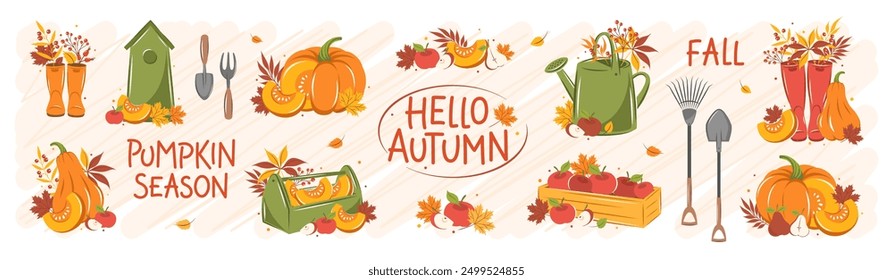 Autumn hand drawn vector illustrations and lettering. Set with pumpkin, fruit, watering can and autumn leaves. 