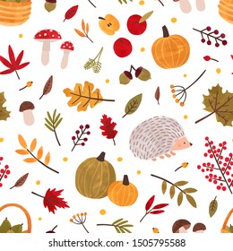 Autumn hand drawn vector seamless pattern. Fall season items background. Forest dried leaves, pumpkins, berries decorative texture. Autumn harvest on white backdrop. Traditional fall wallpaper design.