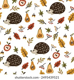 Autumn hand drawn vector seamless pattern. Fall season items background. Forest dried leaves, pumpkins, berries decorative texture. Autumn harvest on white backdrop. Traditional fall wallpaper design.