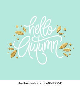 Autumn - Hand drawn vector typography with line leaf pattern in golden glitter color. Vector illustration EPS10