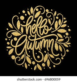Autumn - Hand drawn vector typography with line leaf pattern in golden glitter color. Vector illustration EPS10