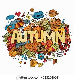 Autumn hand lettering and doodles elements background. Vector illustration