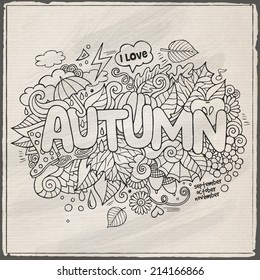 Autumn hand lettering and doodles elements background. Vector illustration