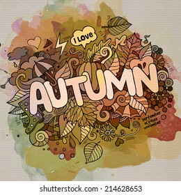 Autumn hand lettering and doodles elements background. Vector watercolor illustration