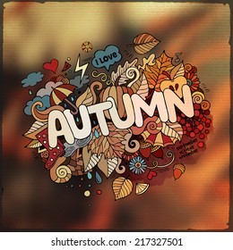 Autumn hand lettering and doodles elements background. Vector blurred illustration
