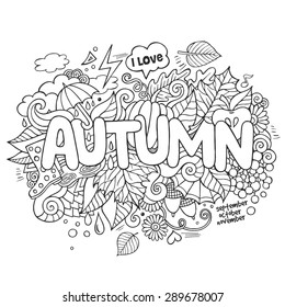 Autumn hand lettering and doodles elements background. Vector illustration