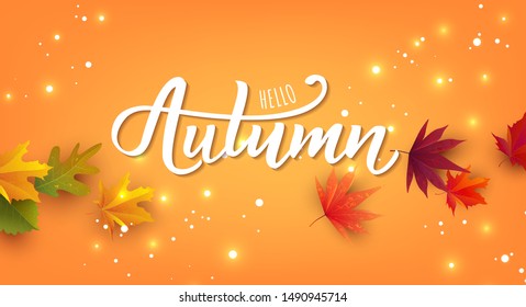 Autumn hand lettering text. Vector background with bright autumn leaves and space for text. Good for cards, banners templates, web, poster. Autumn advertising design.