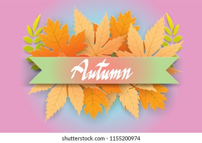 Autumn hand writing text border ribbon leaves, Banner premium pink