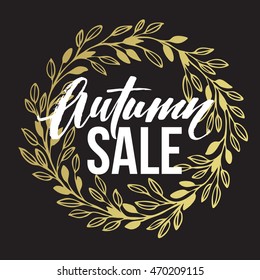 Autumn hand written lettering. Golden, black and white color. Fall sale banner design. Vector illustration EPS10