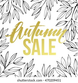 Autumn hand written lettering. Golden, black and white color. Fall sale banner design. Vector illustration EPS10