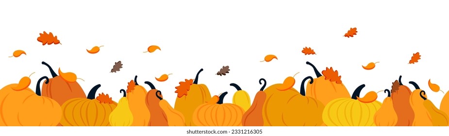 Autumn hand-drawn different pumpkins with leaves vector seamless long banner isolated on a white background.