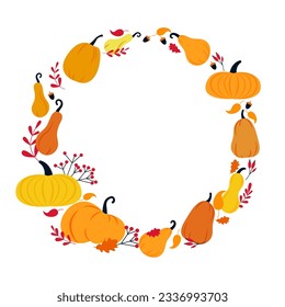 Autumn hand-drawn different pumpkins with leaves, acorns and berries vector wreath or frame isolated on a white background.