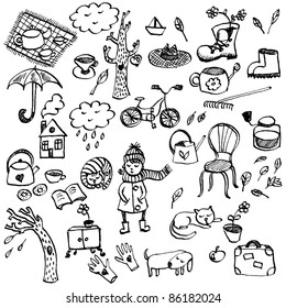 Autumn hand-drawn doodle set in cartoon style